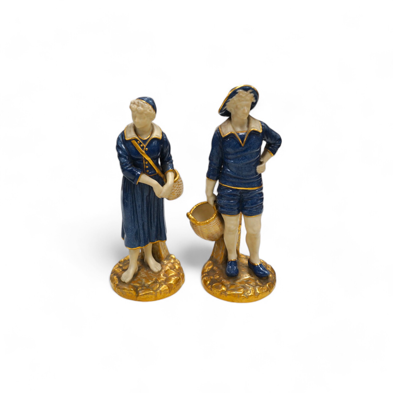 A pair of Worcester figures, fisherfolk, model number 1202, 21cm. Condition - good, some minor wear to gilding